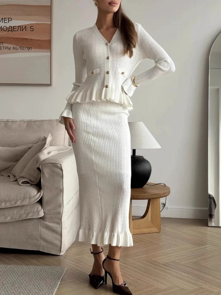 

Tossy Knitwear Scalloped 2 Piece-Set Maxi Skirt Women's Solid Vintage V-Neck High Waist Patchwork Maxi Skirt Sets Ladies Outfits