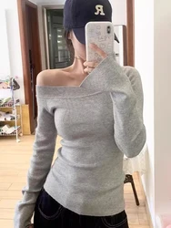 Gray Irregular Knit Long Sleeve T-shirt Women Autumn Slash Neck Cotton Slim Tee Solid Simple Sweet Preppy Style Knitwear Y2k Top