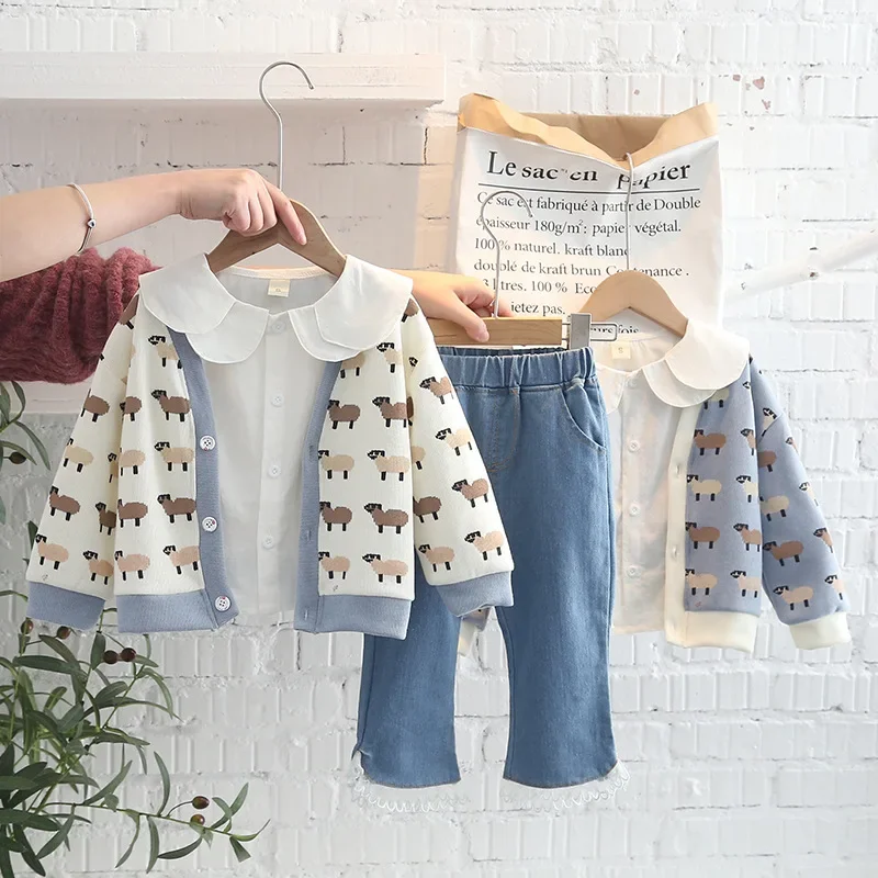 

2024 Spring Autumn 3PCS Girls Clothing Set Cardigan Sweater Coat Long Sleeve Shirt Washed Jeans Pants Baby Girls Clothes