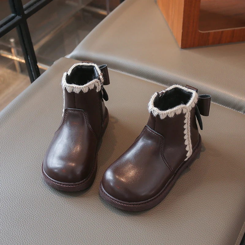 Girls Vintage Short Boots, Crochet Lace Edge & Bow Detail, Side Zip Anti Slip Sole Kids Footwear for Autumn Winter Wear
