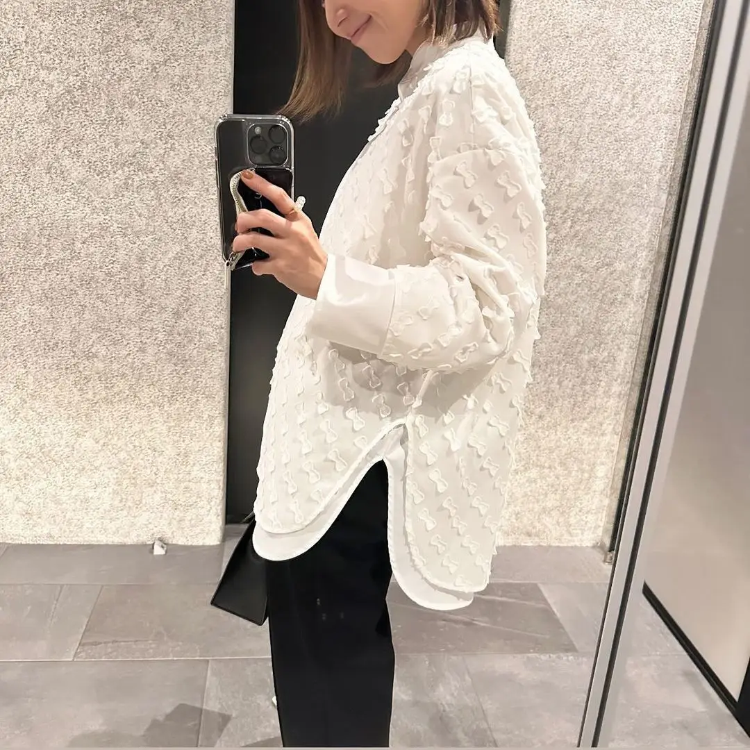 

Gagarich Japanese Spring Summer Simple Fashion Jacquard Texture Silhouette Shirt Comfortable Breathable Loose Slimming Top Women