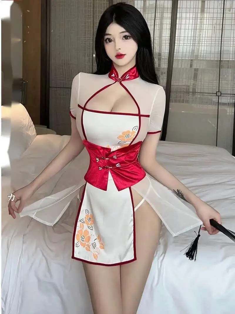 Mini Dress Mesh Lace Sheer Cheongsam Female Sexy Pure Desire Ancient Style Kimono Small Chest Uniform Dress Elegant Top 8PBS