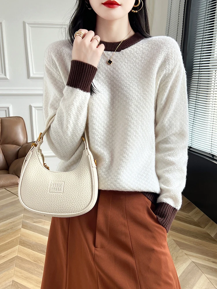 Women Pullover Autumn Winter Cashmere Sweater 100% Merino Wool O-neck Knitwear Female Grace Soft Color Contrast Knitting New Top