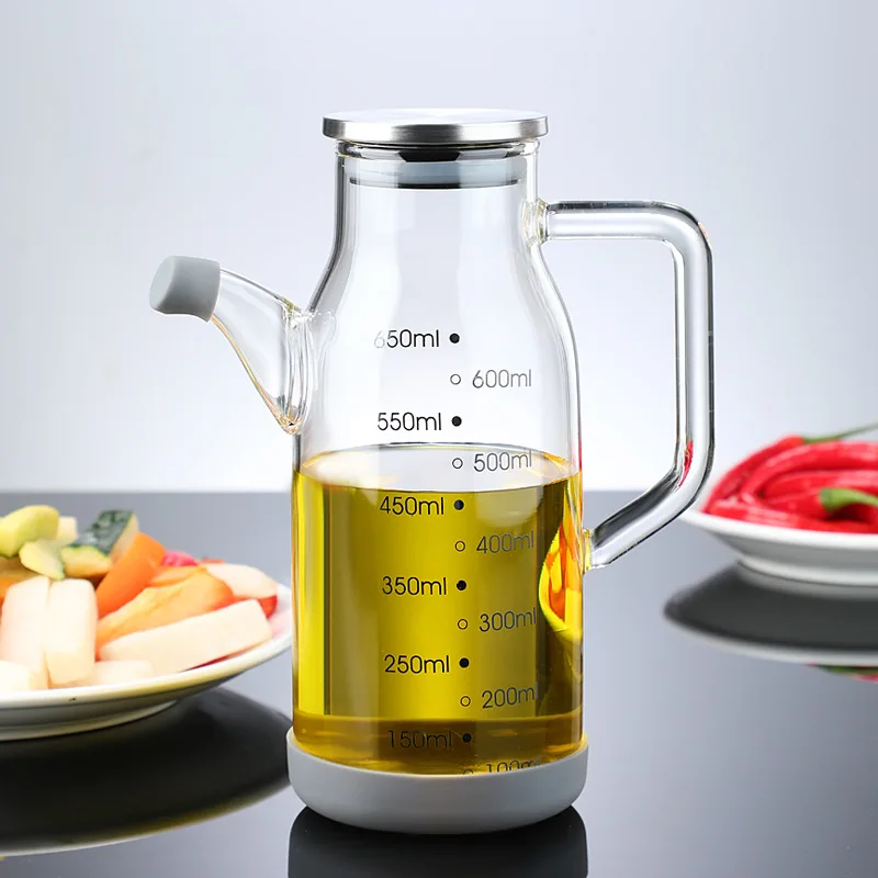 380/650/950ml Transparent Glass Oil Bottle with Lid Handle Scale Heat-resistant Environmental Protection Container