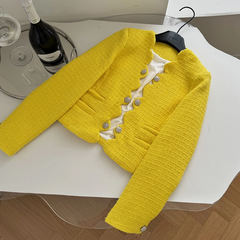 Piccola fragranza Lady Fashion Yellow Tweed giacca corta cappotto per abbigliamento donna 2024 autunno manica lunga capispalla di lana Casual