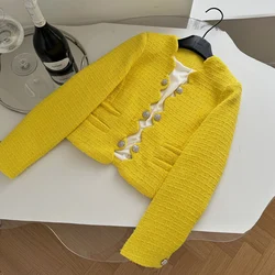 Piccola fragranza Lady Fashion Yellow Tweed giacca corta cappotto per abbigliamento donna 2024 autunno manica lunga capispalla di lana Casual