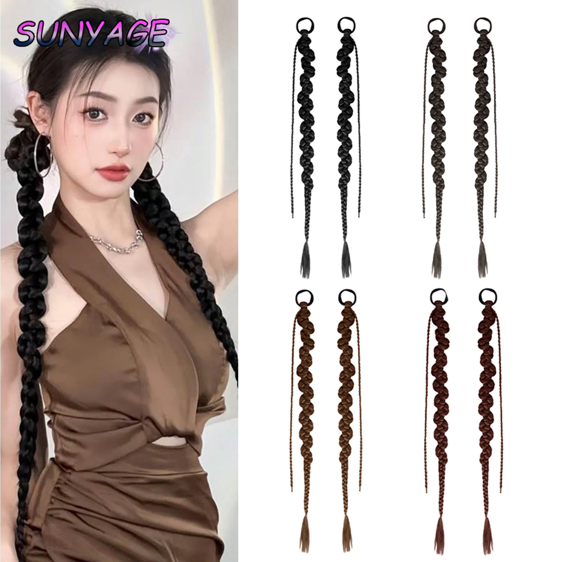 

SUNYAGE Chinese Style Mesh Bow Grab Clip synthetic Ponytail Wig Women Simulation Boxing Braid Extensions