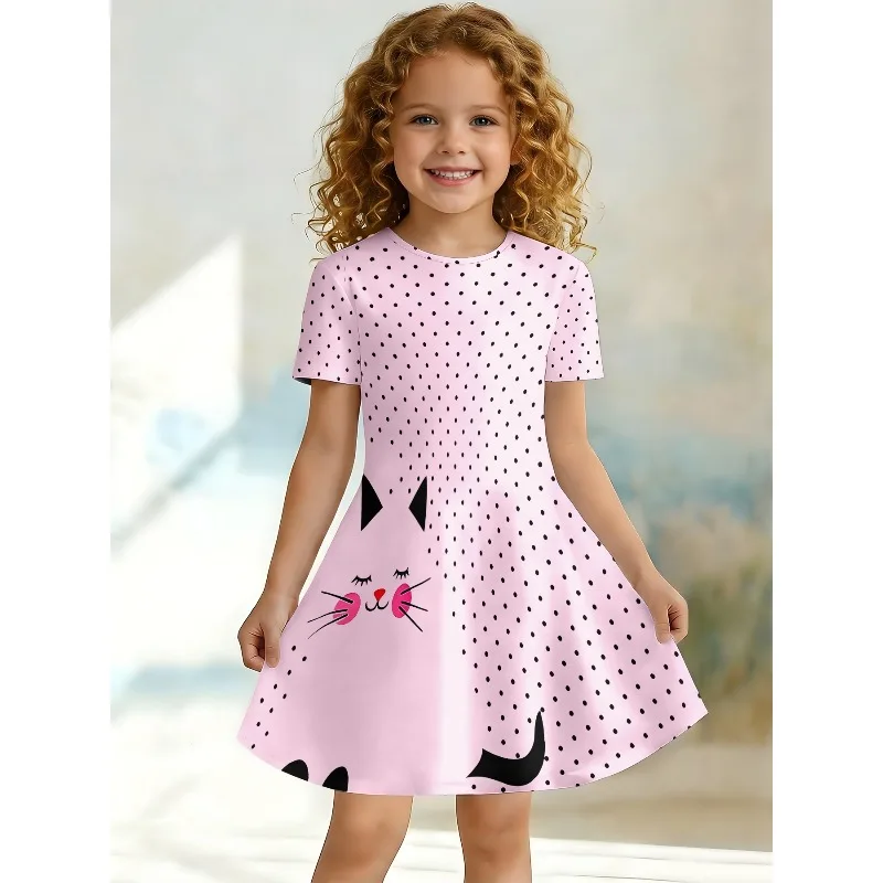 Mädchen-T-Shirt-Kleid mit süßem Katzengesicht und gepunktetem Aufdruck, rosa Freizeitkleid für Tierliebhaber, geeignet für Geburtstagsgeschenke