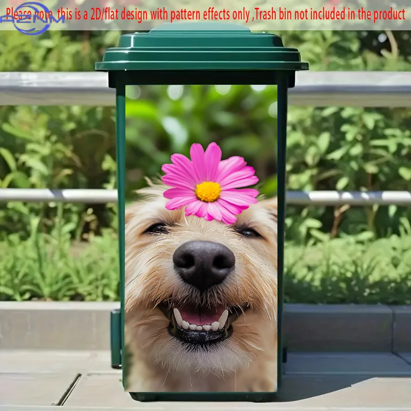 1pc Art Deco Style Self-Adhesive PVC Dustbin Sticker, .01xcm, Joyful Smiling Dog with Pink Daisy Design, Wall and Kitchen Deco