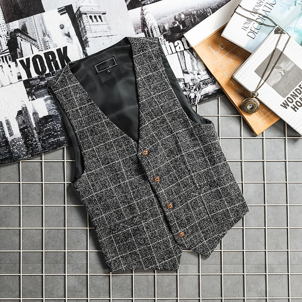 

New Fashion Plaid V Neck Suit Vest Men Plus Size 7XL Waistcoat Streetwear Wedding Office Wearing Clothing