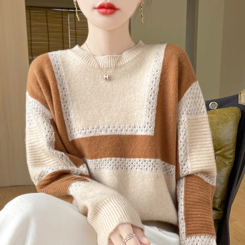 

100% wool women's autumn and winter new sweater O-neck cashmere sweater color matching thick loose knit loose casual top