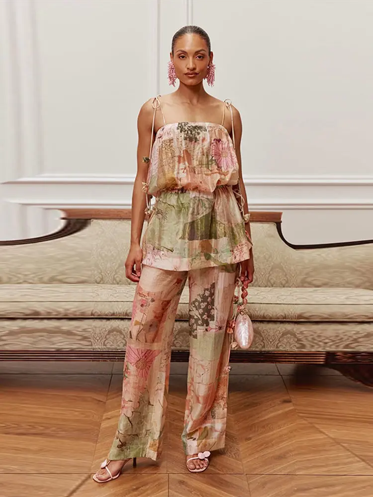 3D-Blumenbedruckte Spitzen-Oberteile mit Schnürung und Hosenanzüge für Damen, sexy ärmellose, rückenfreie, schmale Oberteile, weit geschnittene Hosen, charmante Damen-Outfits, neu – Detail 15