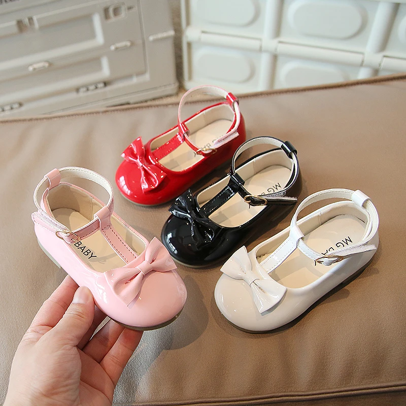 Newest Spring Autumn Baby Girls Fashion Patent Leather Big Bow Princess Mary Janes Party Shoes Solid Color Student Flats Shoes