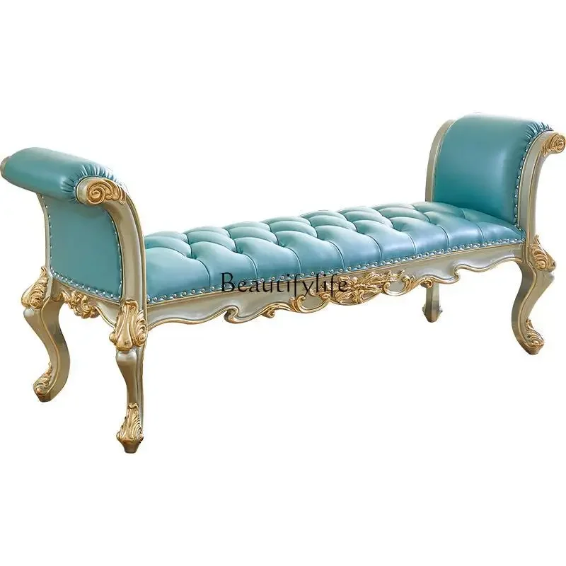 

02European-style first-layer cowhide bed stool solid wood stool master bedroom furniture