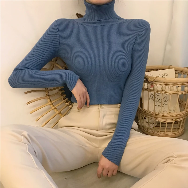 Korean Solid Basic Knit Tops Autumn Winter Turtleneck Sweater Women Vintage Harajuku Pullover Slim Elastic Elegant Chic Jumper