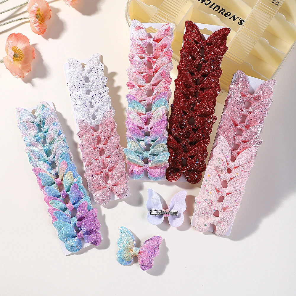 10Pcs/set Gradient Color Butterfly Bows Hair Clips for Women Girls Leather Hairpins Barrettes Headwear Kids Hair Acesssories