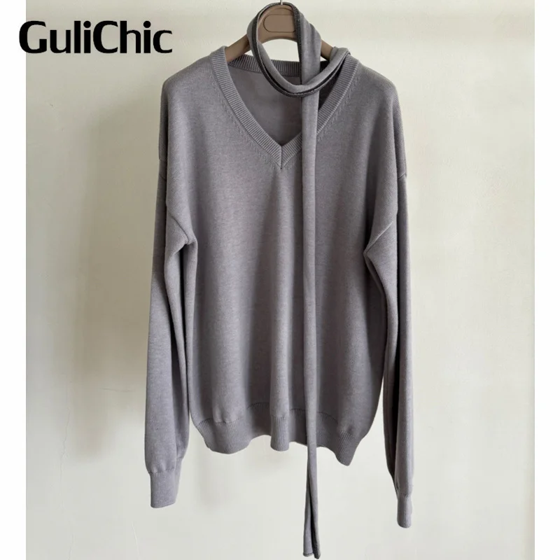 12.19 GuliChic Women High Quality V-neck Knitted Sweater Elegant Lady Casual All-Match Long Sleeve Pullover With Scarf