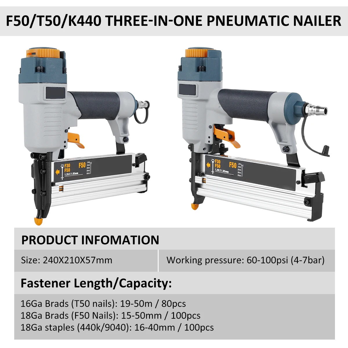 Air Pin Nailer Small Fixing Nail Guns T50 F50 440k 16ga/18ga Suitable for Furniture Board Baseboard Pneumatic Nail Gun