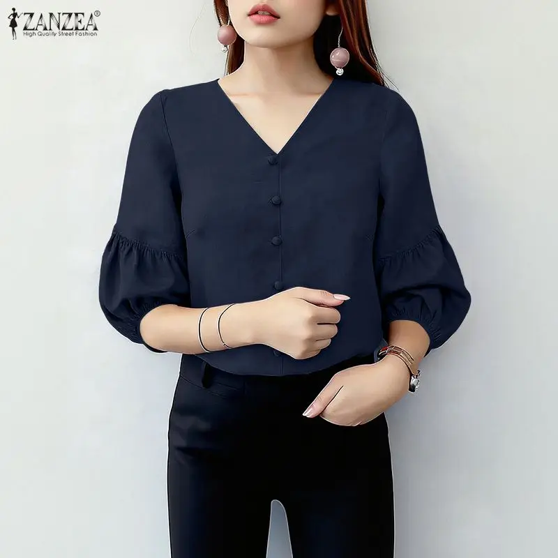 

ZANZEA Elegant Woman Daily Casual Blouses V-Neck 3/4 Lantern Sleeves Solid Color Pullover Tops Summer Vintage Blusas de Mujer