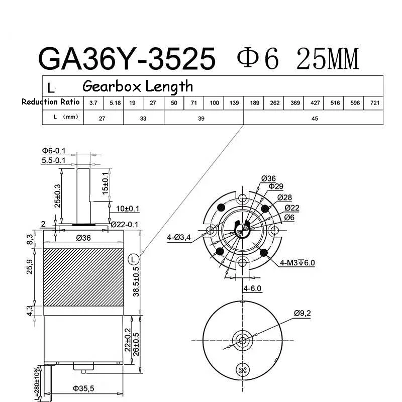 GA36Y-3525 Miniature DC Brushless Geared Motor 8~1621RPM 6.5/8.4W 0.19~30KG.CM High Torque Planetary Gear High Power Speed Motor