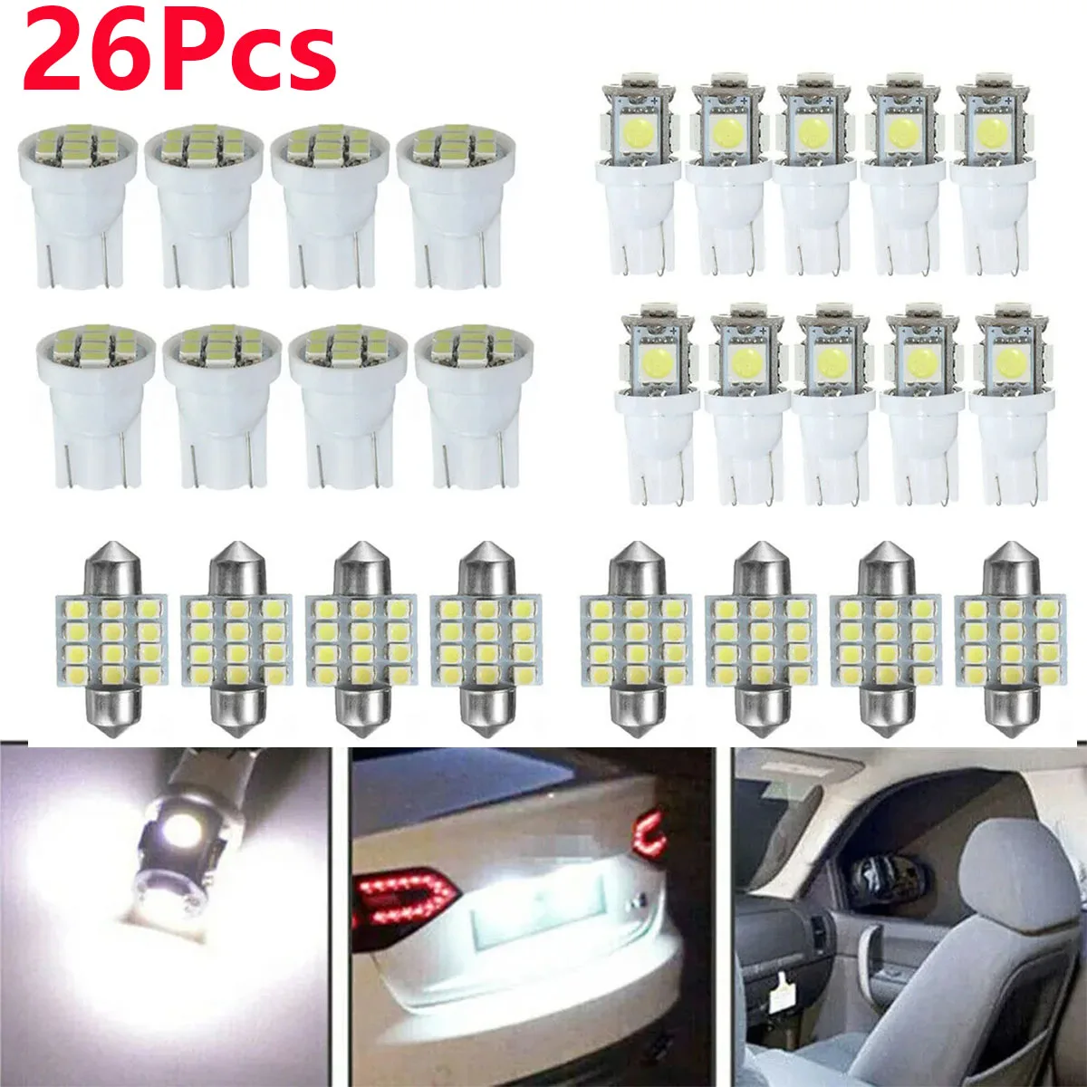 

26Pc Universal T10 Car Interior Lights Parts LED Lights Kit For Dome License Plate Lamp Bulb Car Trunk White Interior Lamp Bulbs