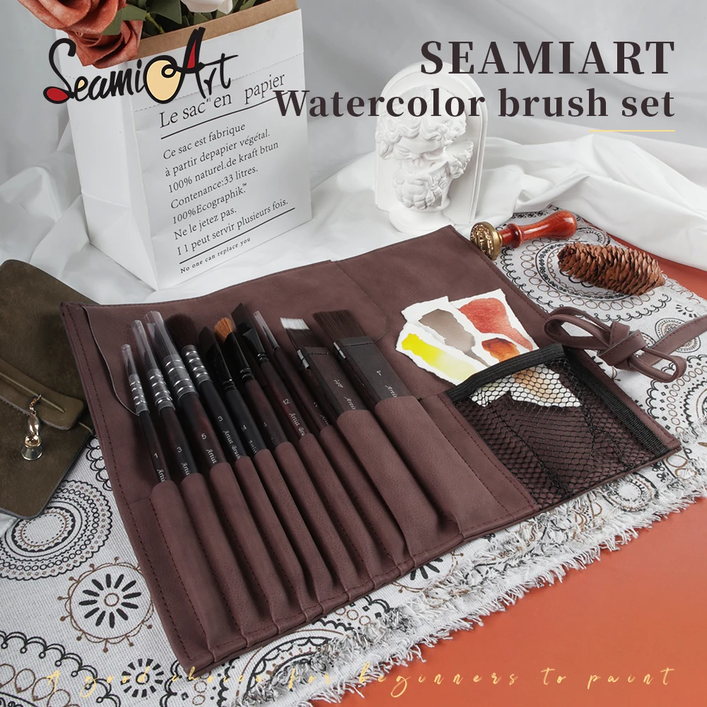 SeamiArt 10pcs/set Nylon Hair Wooden Handle Artist Painting Brush with Leather Storage Bag for Watercolor Painting Art Supplies