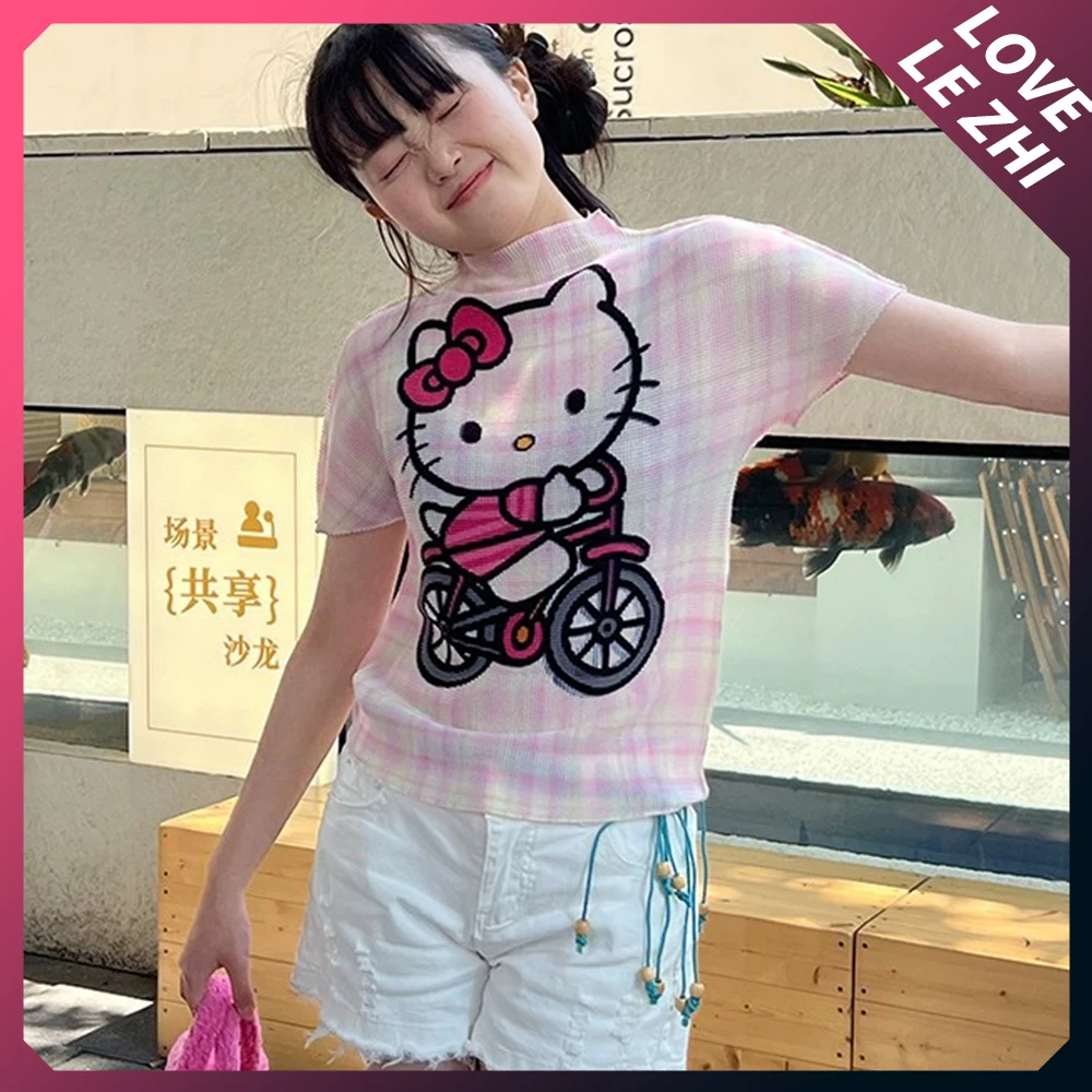 

Sanrioed Hello Kittys Printing Half-High Neck Short Sleeves Spring Summer Cute Cartoon Ride A Bike Kitten Thin T-Shirts