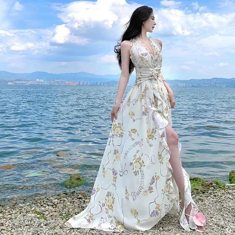 

French Boho Beach Maxi Dress Women Summer Halter Sleeveless Backless Print Floral Slit Dress Evening Party Birthday Long Dresses