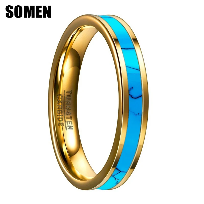 Somen-Bague en Tungstène Turquoise Plaqué Or pour Homme et Femme, Alliance, Pierre Incrustée, Bague de Couple, Bijoux de Travailleurs, 4mm