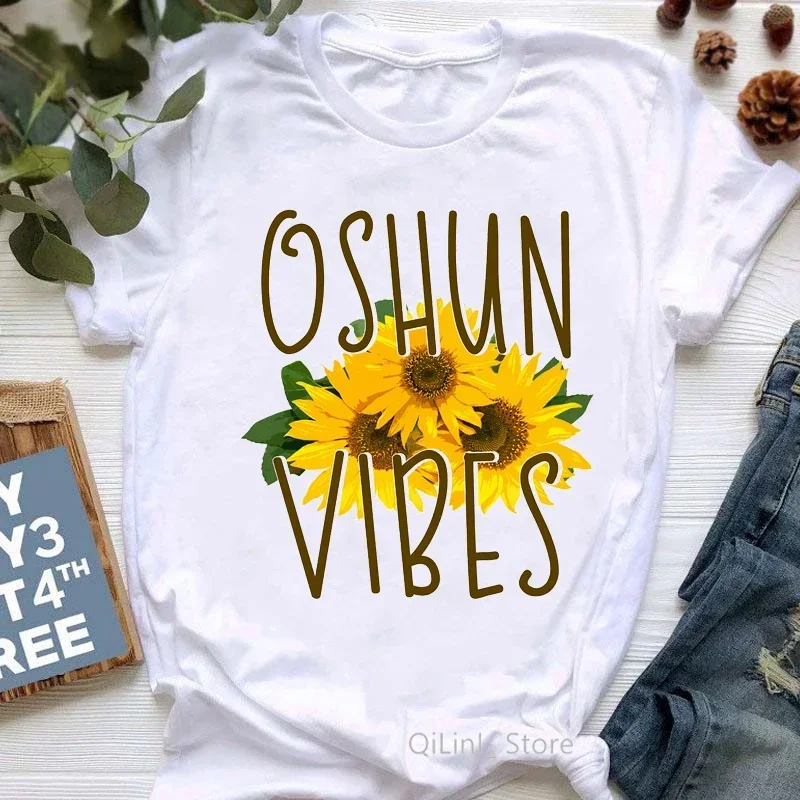 The African Goddess Oshun Vibes Sunflower Printed T Shirt Women Funny Gray/Green/Yellow/Pink/Black Tshirt Femme Harajuku Shirt