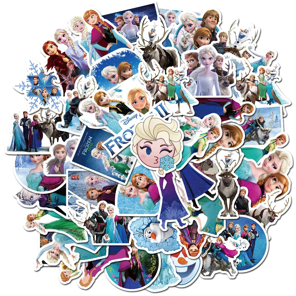 Disney Movie Frozen Princess Adesivos, Anna, Elsa, Kristoff, Olaf, adesivos dos desenhos animados para skate, laptop, bagagem, brinquedo do miúdo, 50 pcs, 100pcs