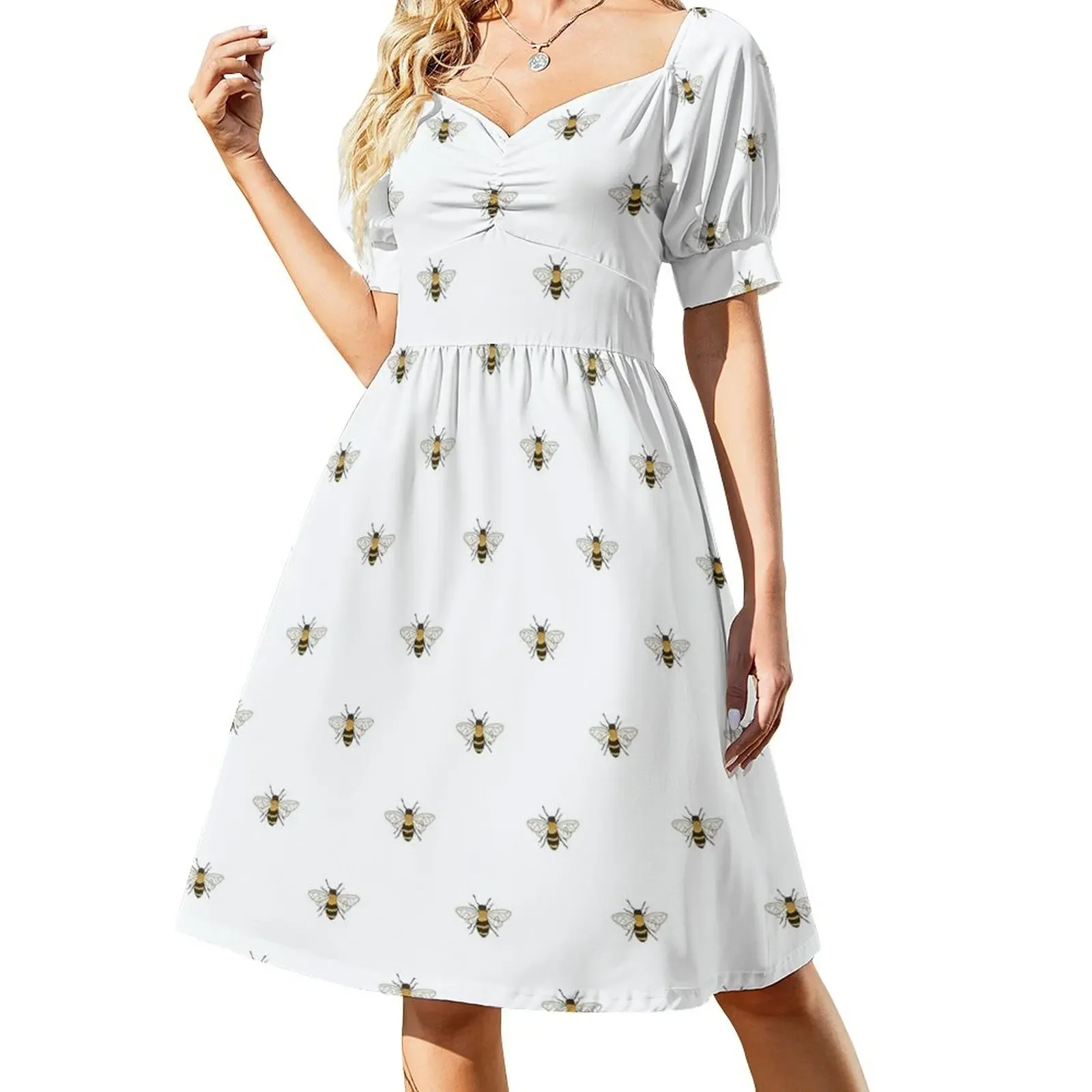 

Bees on White - simple repeat pattern Short-Sleeved Dress party dress women elegant luxury dress summer Cocktail of dresses