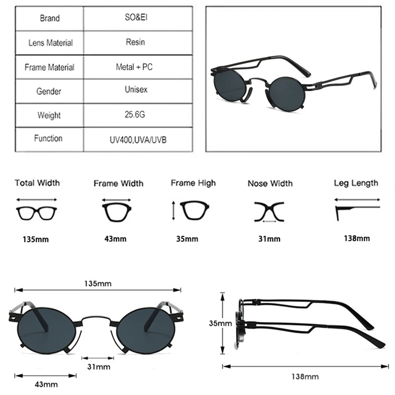 SO i EI Retro małe owalne okulary przeciwsłoneczne moda damska unikalne metalowe oprawki odcienie UV400 mężczyźni Punk czerwone żółte okulary przeciwsłoneczne — zdjęcie 7
