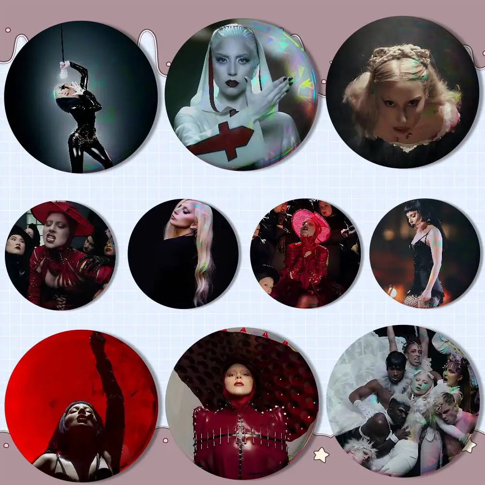 

Mayhem L-Lady Gaga ART Reflective Pin Tinplate Round Brooch Cartoon Cosplay Badges for Bag Hat Toys Gifts
