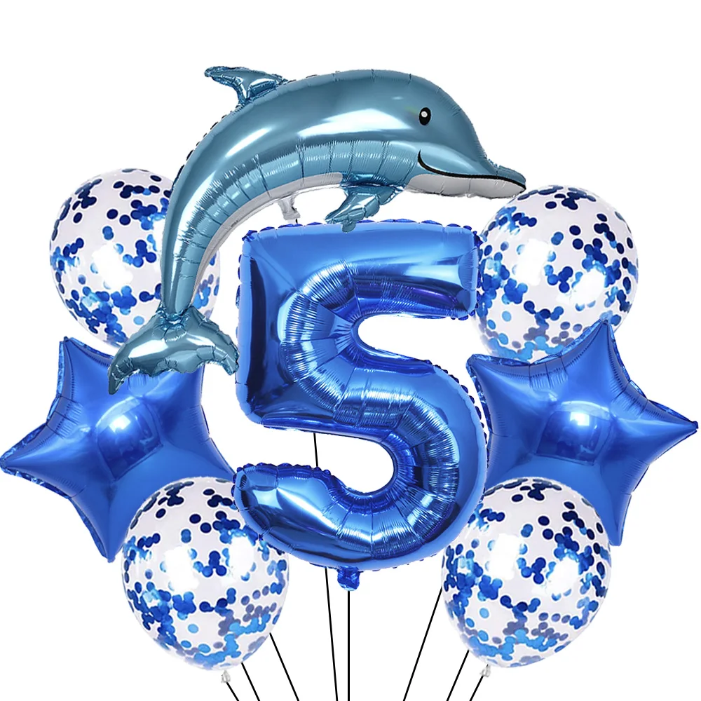 9pcs/Pack 5th Dolphin Birthday Balloons Giant Dolphin Aluminum Foil Balloon Ocean Animals Balloons Party Supplies Birthday Decor