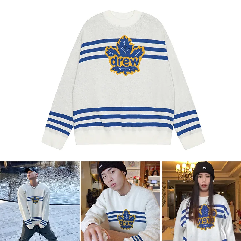 

Drew House Premium Smiley Maple Leaf Jacquard Men's Sweater High-Street Oversized Couple Sweater Knitwear for Women