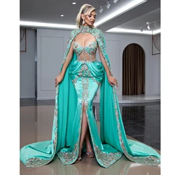 Dubai Turquoise Mermaid Prom Dresses With Cape See Thru Corset Shiny Crystal 2 Pieces Prom Gowns Front Split Maxi Dress