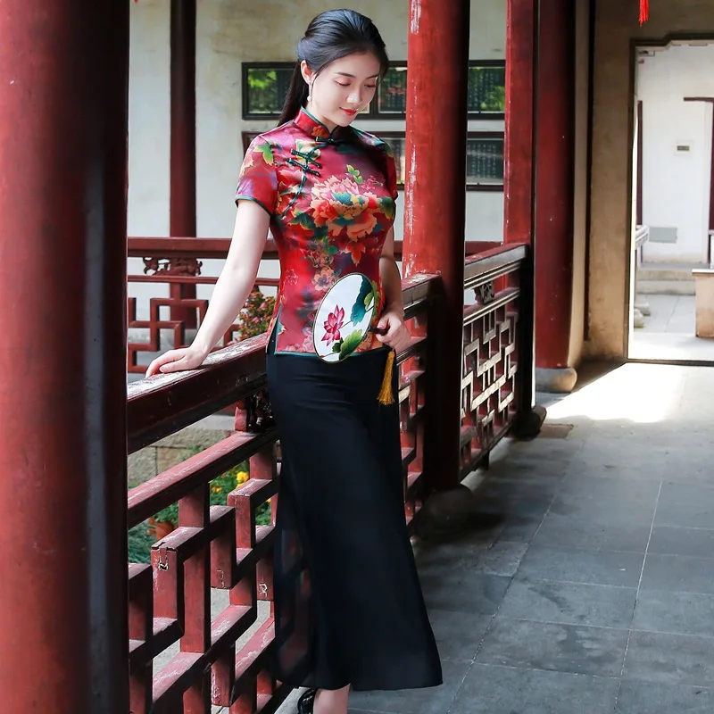 Summer Retro Printed All-Matching Chinese Style High Quality Real Silk Cheongsam Qipao Women's Dress Top Suit