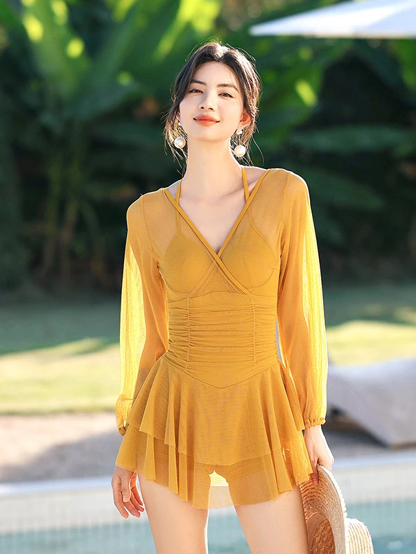 2025-new-pure-color-long-sve-women's-one-piece-swimsuit-skirt-sle-conservative-cover-up-slimming-hot-spring-swimming-cos