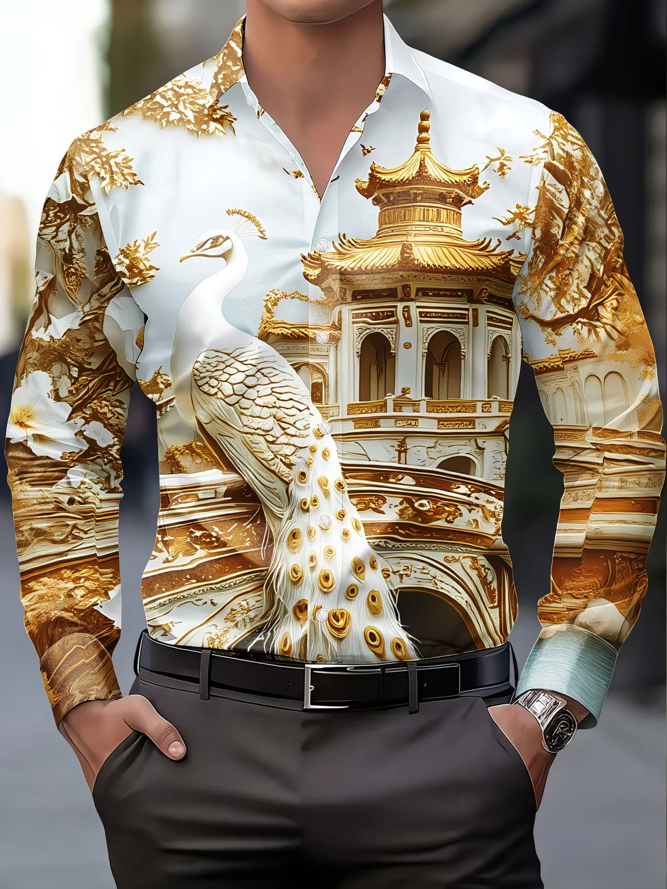 New Landscape Art Printed men's Long Sleeved Shirt  Light Luxury Slim Fit Business Casual Floral Shirt Clothing