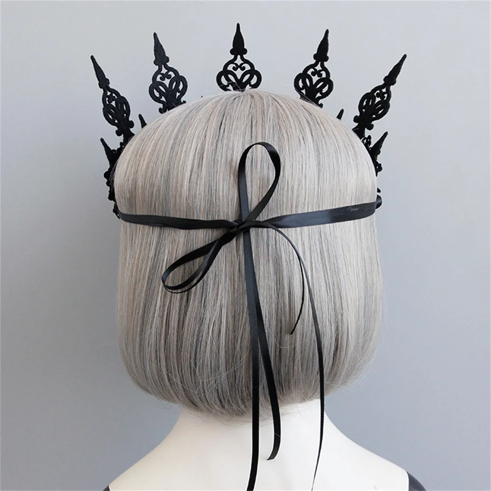 Vintage Witch Women Head Wreath Gothic Black Crown Roses Tiara Headband Halloween Party Cosplay Masquerade Accessory