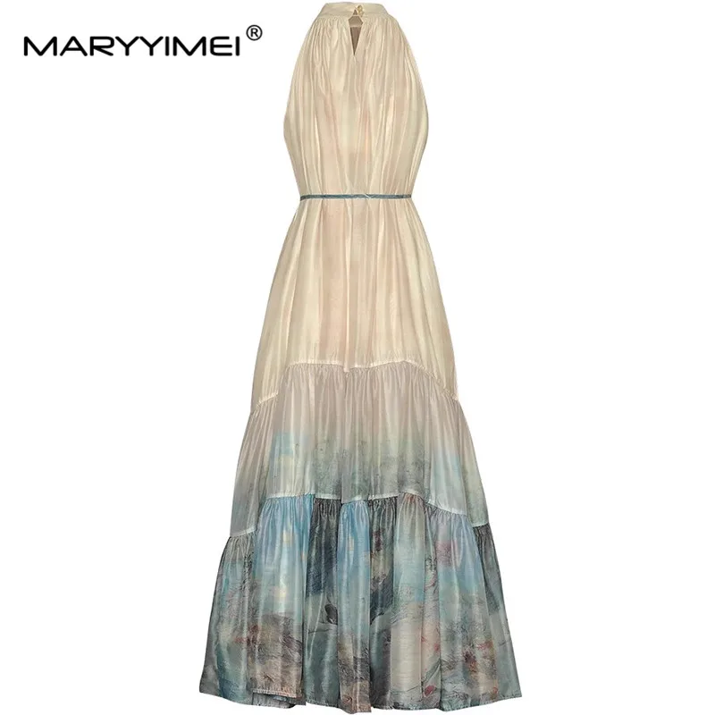 MARYYIMEI Fashion Designer Spring Summer Women's Halter Sleeveless Lace-UP Print Dress Beach Style Ivory White Elegant Dresses