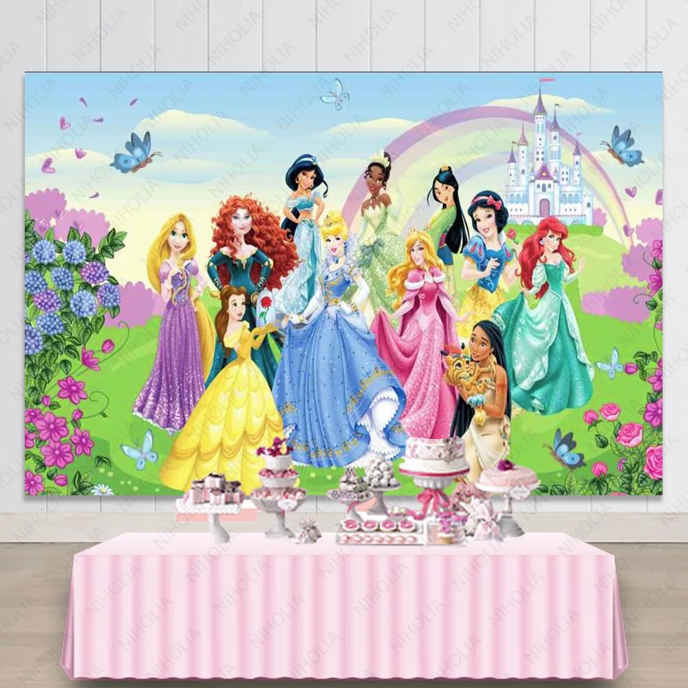 Princess Disney Family Photography Background Cloth Girls 1st Birthday Party  Backdrop Photo Studio Decor Baby Shower Prop