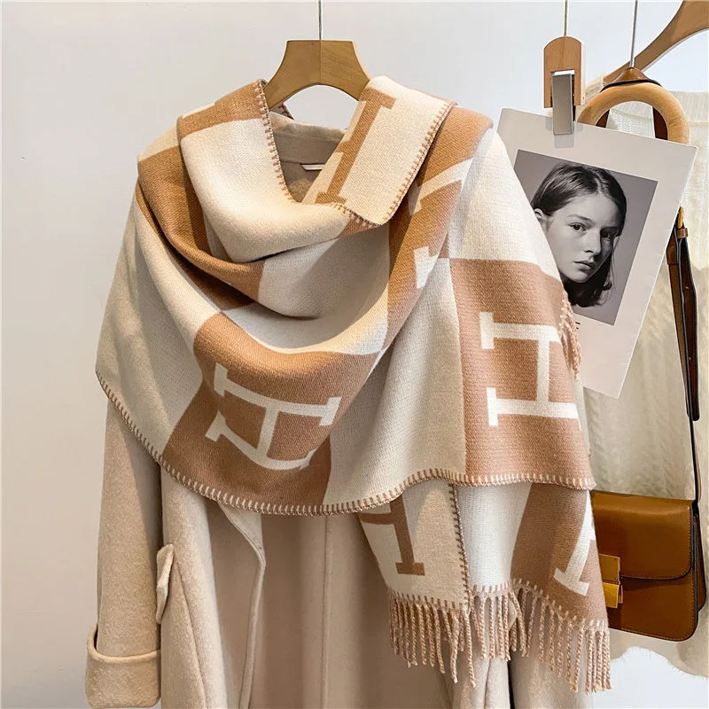 New Arrival Core-Spun Yarn Winter Scarf for Women - Double-Sided Long Letter Print Shawl, Warm Holiday Gift
