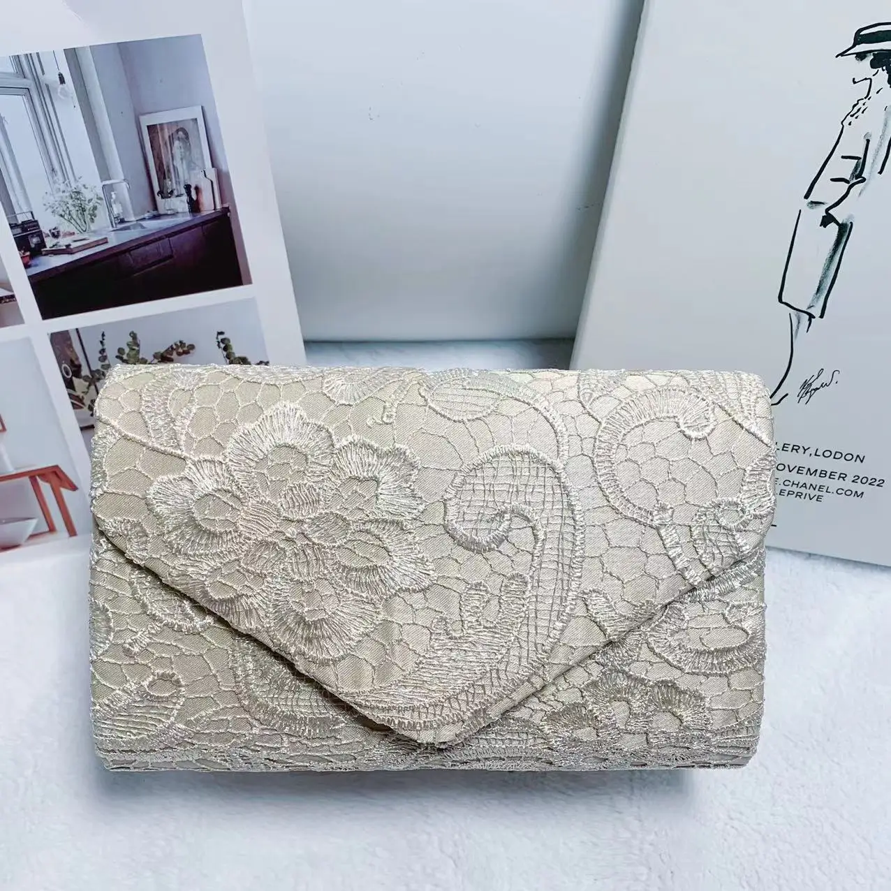 Women's Satin Dinner Bag lace Envelope clutch Bag Evening Bag Wedding Bride Party Bag   Bride's Wedding Handbag Purse