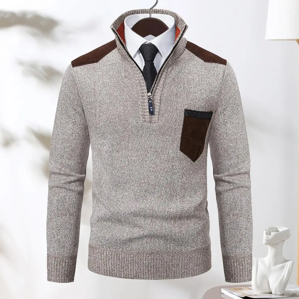 Men Top Men's Zippered Stand Collar Sweater with Chest Pocket Slim Fit Knitted Pullover for Fall Winter Warm Stylish Mid Length