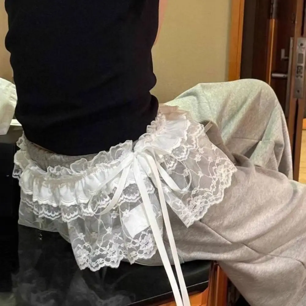 تنورة قصيرة من الدانتيل Y2k حلوة قصيرة على الطراز الكوري تنورة شاش عالية الخصر برباط علوي بحافة مكشكشة ملابس الشارع #2