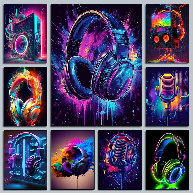 Affiches de DJ avec écouteurs néon, musique en direct, Microphone Boombox coloré, imprimés de fête, peinture sur toile, image murale, décor de salle de maison