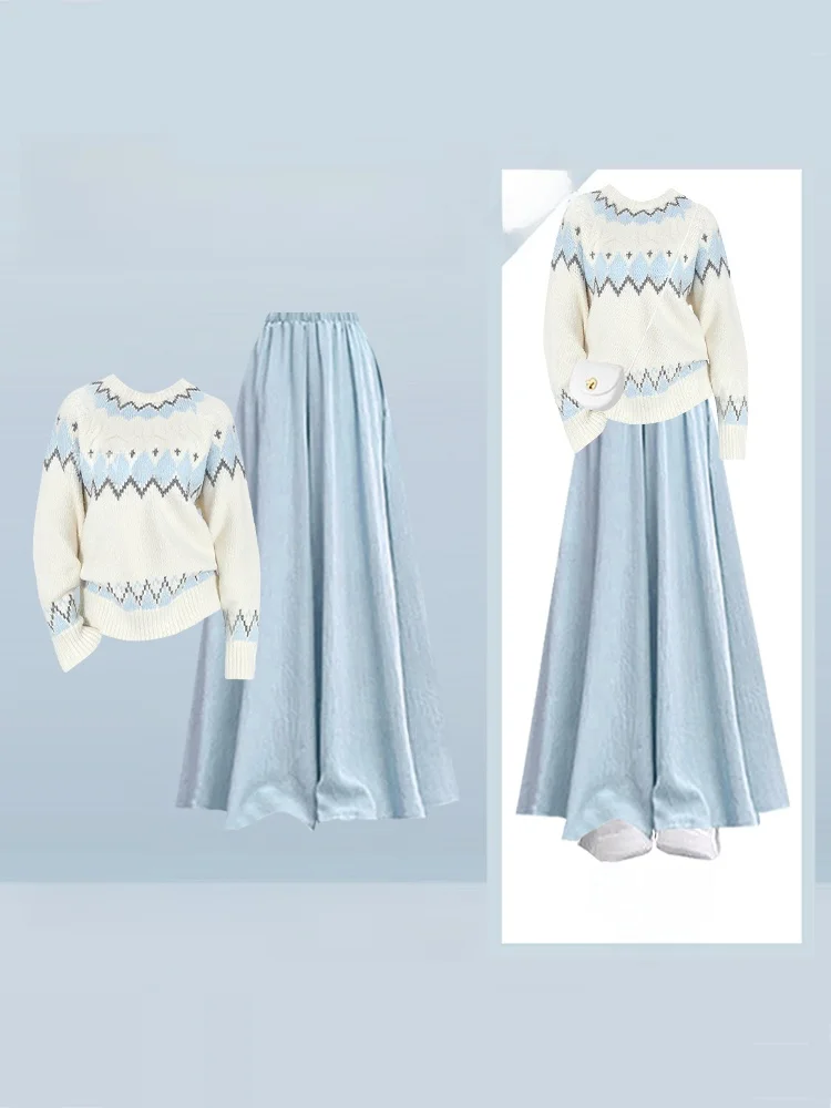 

Blue Knitted Sweater High Waist Wide Leg Pants Women's Faion Set Autumn Winter Leisure Sle Gentle Temperament Dring