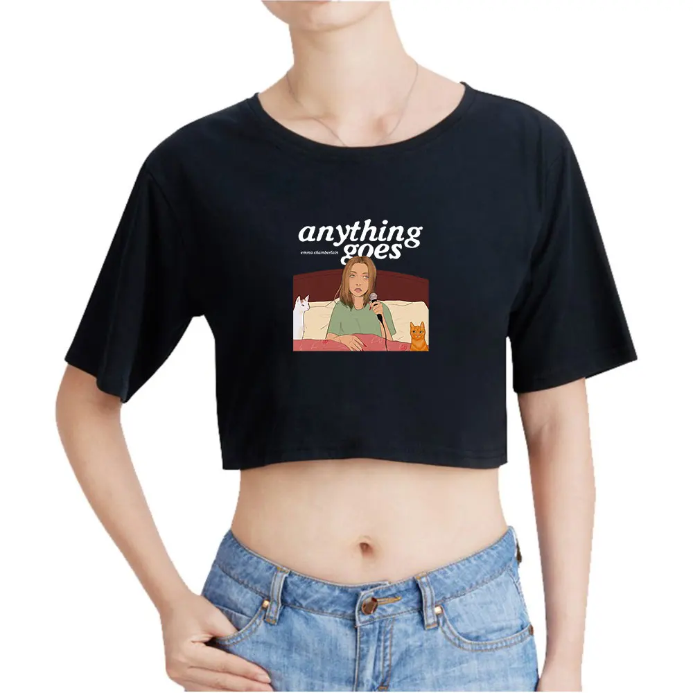 Emma Chamberlain Anything Goes Vintage 90s Crop Top Exposed Navel T-Shirt Oversize O-Neck Tops Funny Fashion Women Tshirt